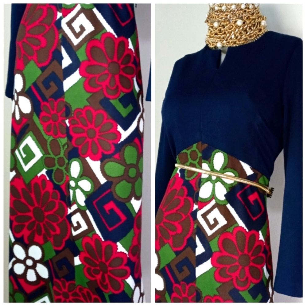"GROOVY" 60S/70S Mod Graphic Floral Hawaiian Maxi Dress